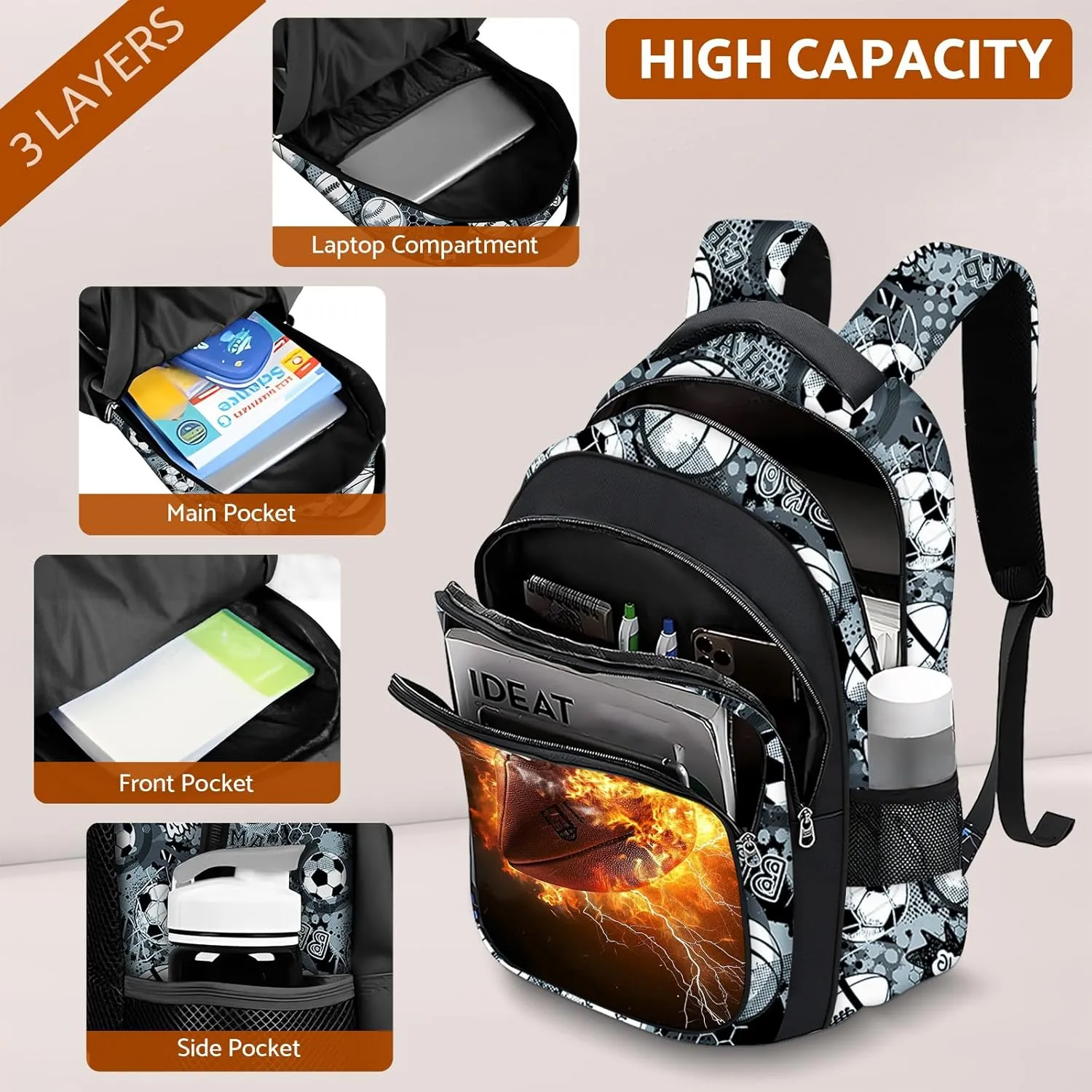 School Backpack for Boys - American Football Boys Backpack for Kids Children Teens Elementary Middle School - 17″ Sport Bookbag Travel Back Pack for Age 6-18