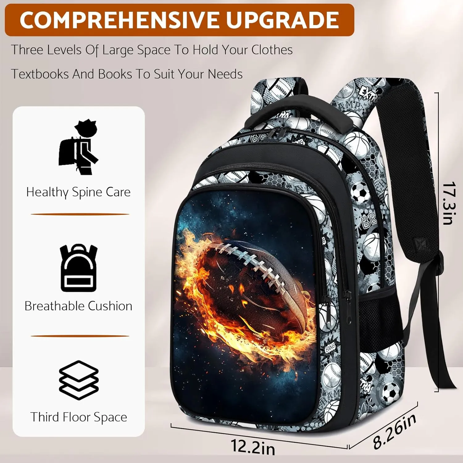 School Backpack for Boys - American Football Boys Backpack for Kids Children Teens Elementary Middle School - 17″ Sport Bookbag Travel Back Pack for Age 6-18