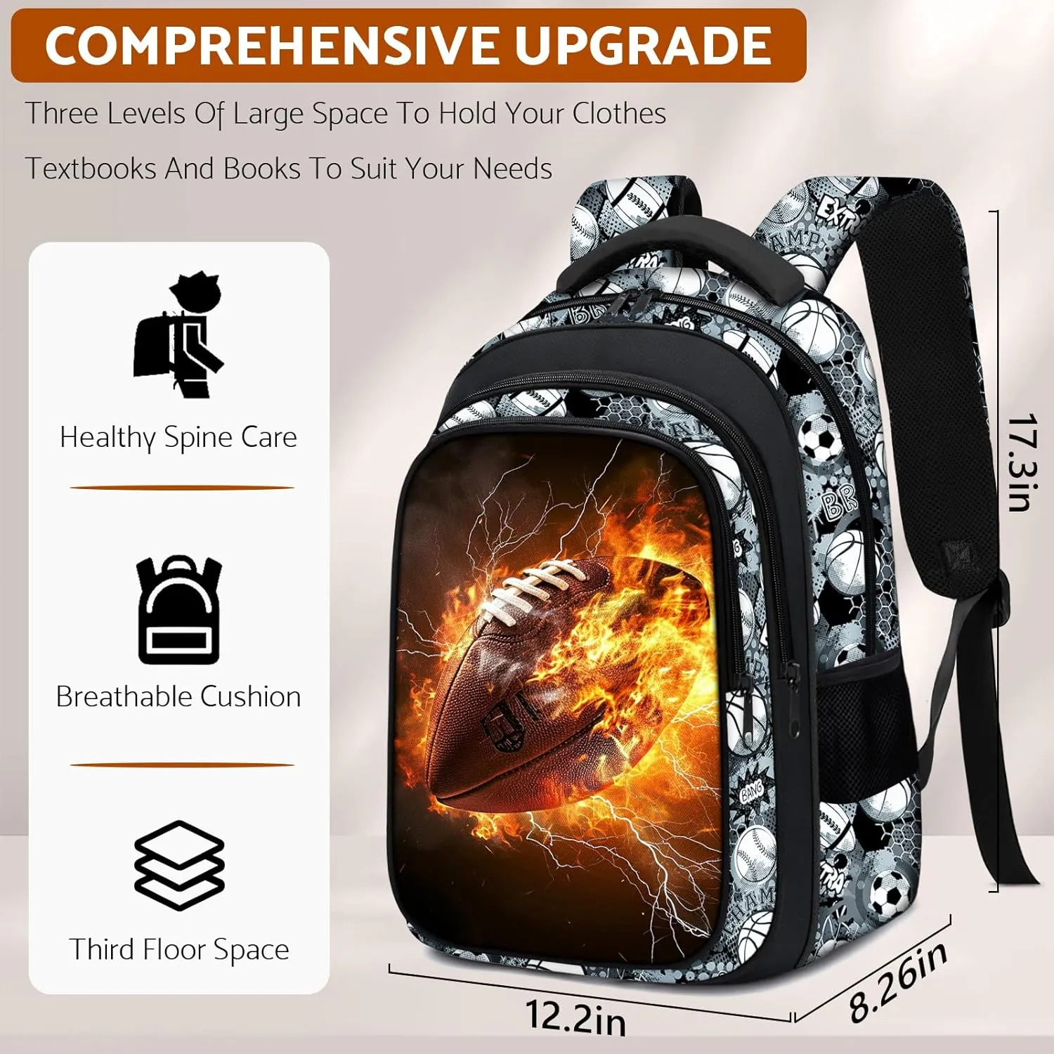 School Backpack for Boys - American Football Boys Backpack for Kids Children Teens Elementary Middle School - 17″ Sport Bookbag Travel Back Pack for Age 6-18