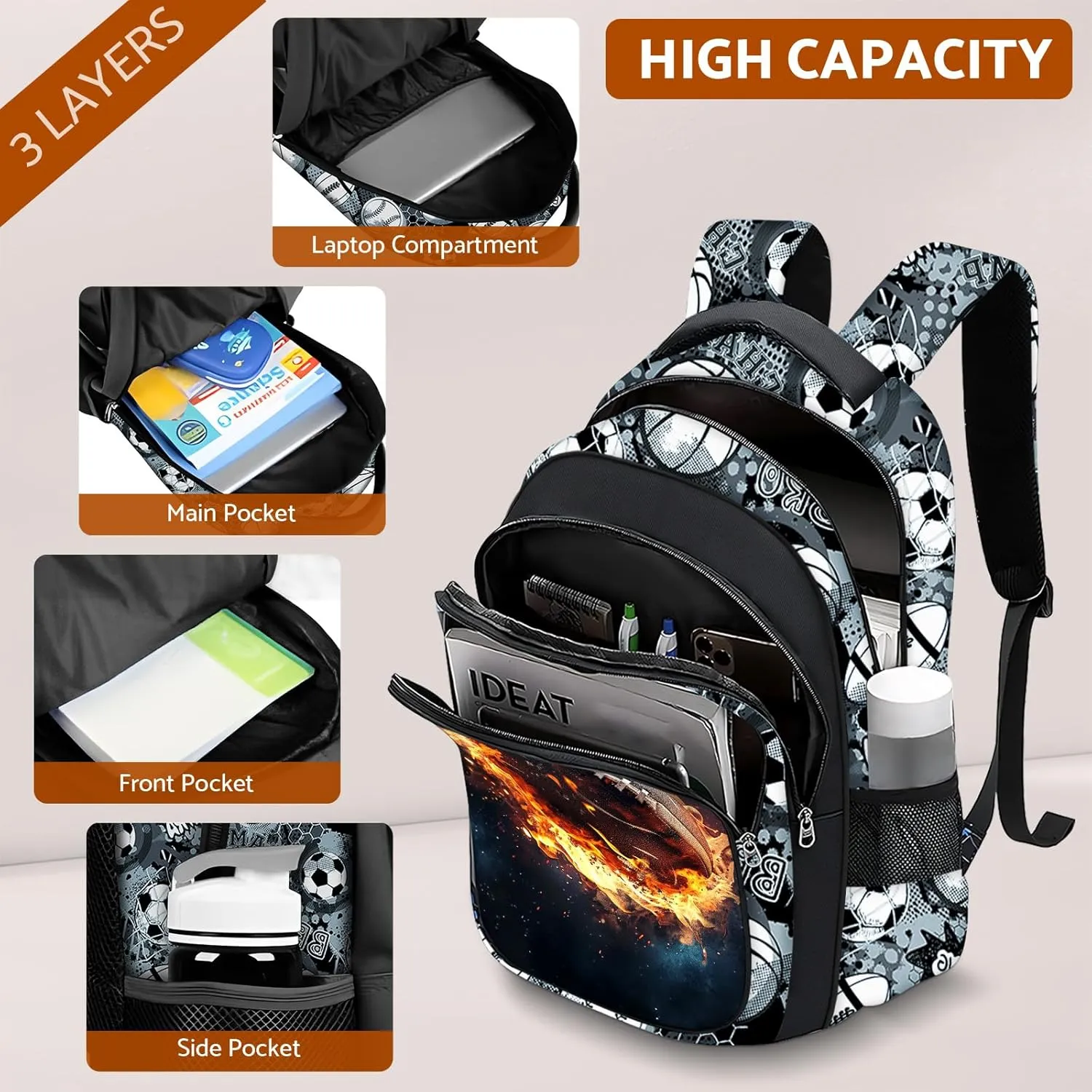 School Backpack for Boys - American Football Boys Backpack for Kids Children Teens Elementary Middle School - 17″ Sport Bookbag Travel Back Pack for Age 6-18