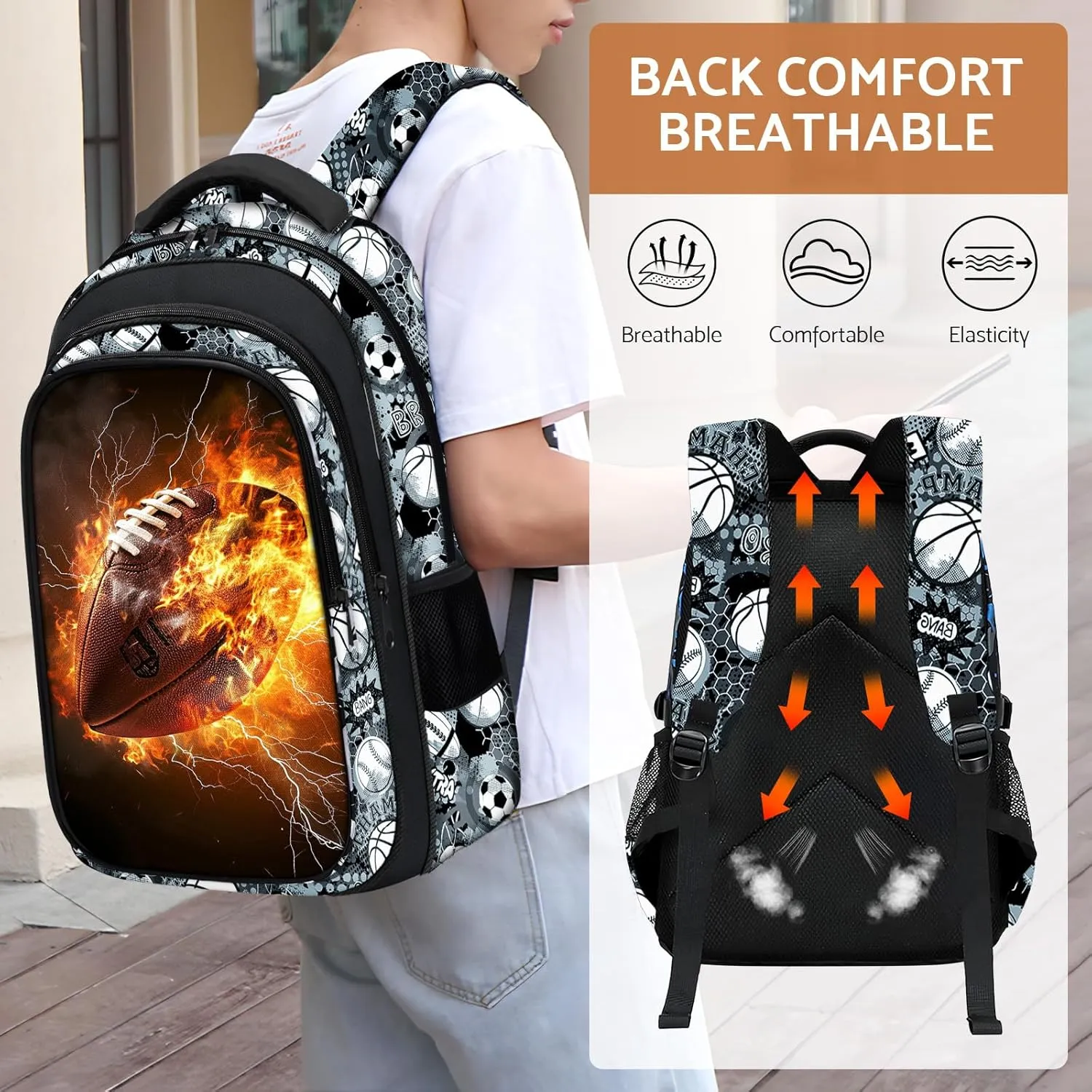 School Backpack for Boys - American Football Boys Backpack for Kids Children Teens Elementary Middle School - 17″ Sport Bookbag Travel Back Pack for Age 6-18
