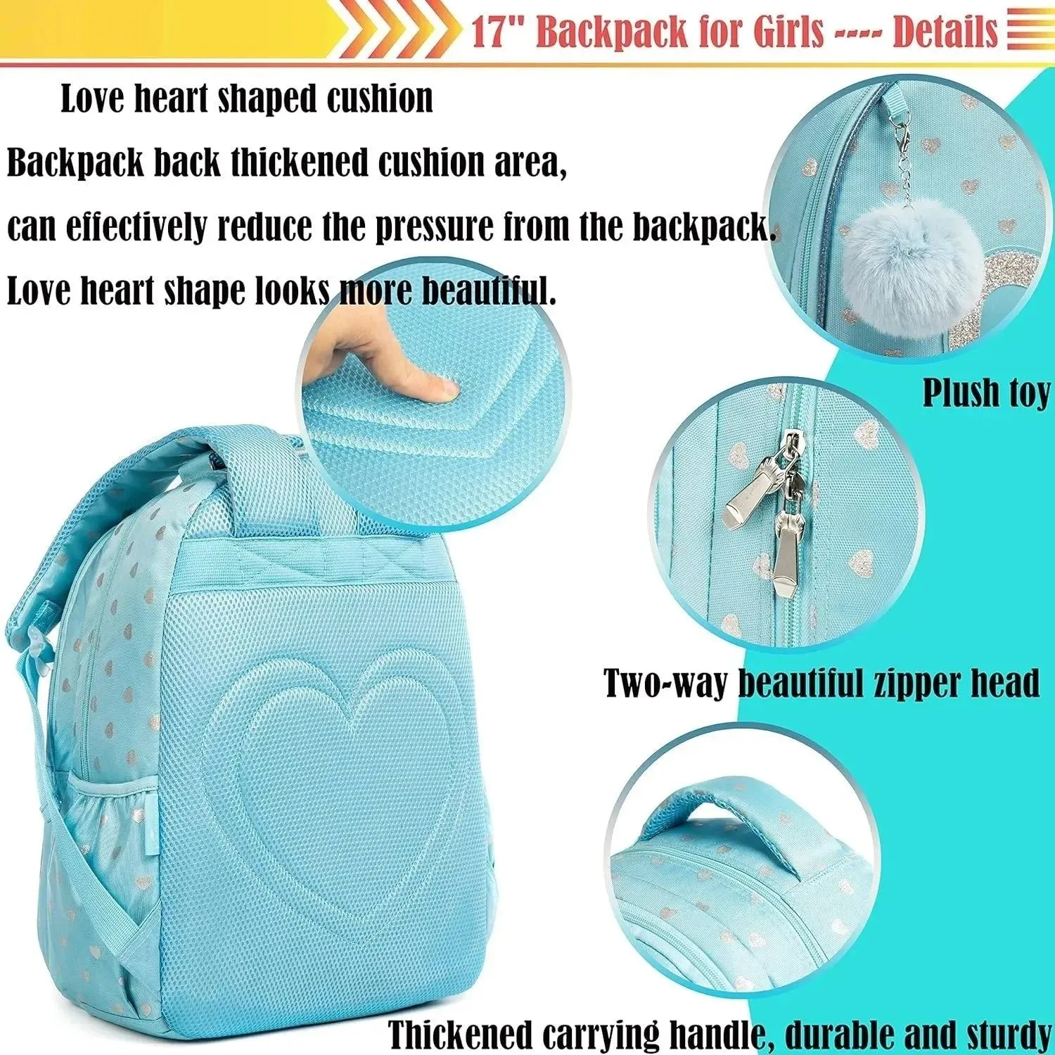 School Bags 3 in 1 Kids Bags for Girls Cute Love Kawaii School Bag Childrens School Backpack Waterproof Lunch Bag Pencil Case