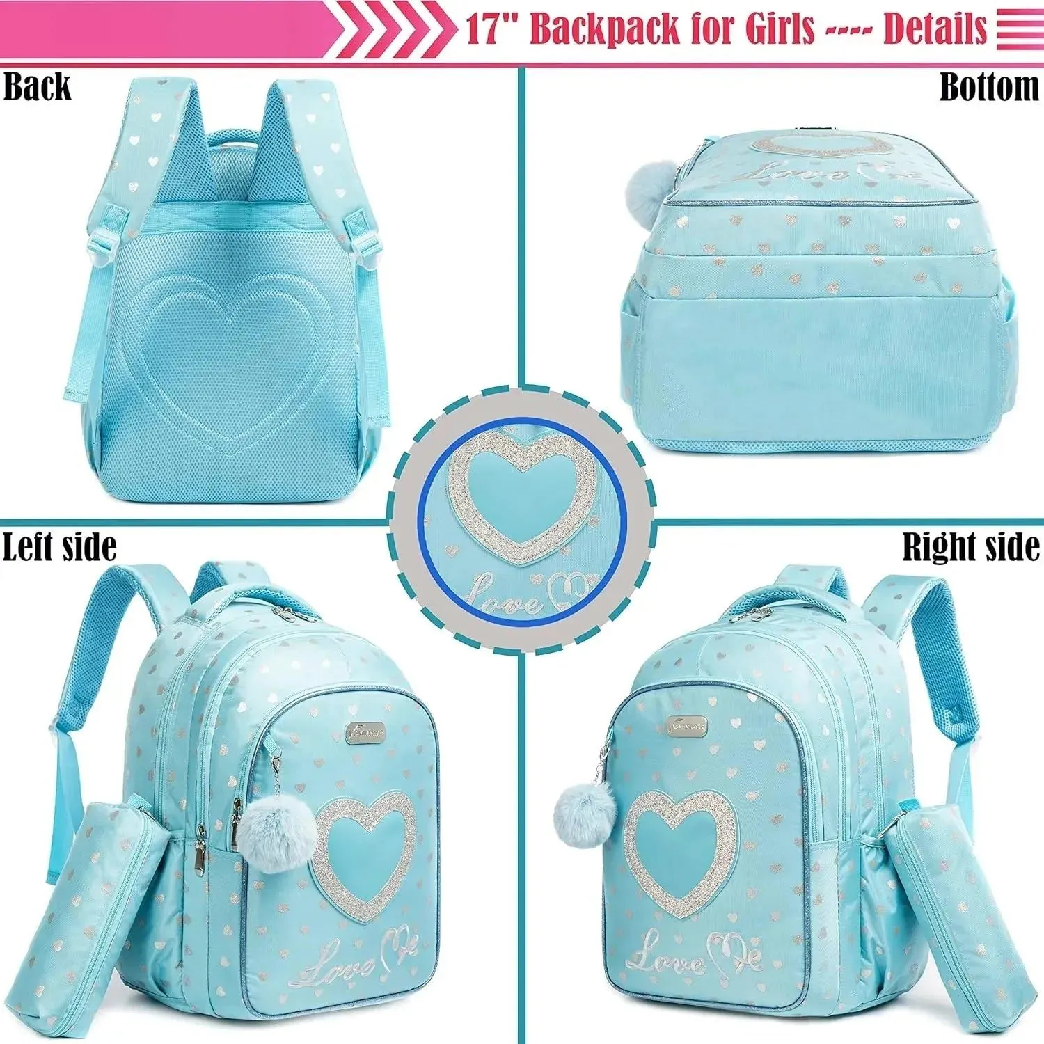School Bags 3 in 1 Kids Bags for Girls Cute Love Kawaii School Bag Childrens School Backpack Waterproof Lunch Bag Pencil Case