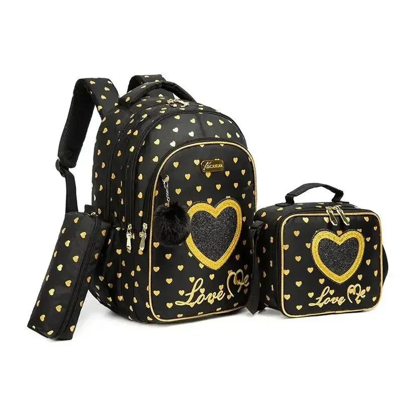 School Bags 3 in 1 Kids Bags for Girls Cute Love Kawaii School Bag Childrens School Backpack Waterproof Lunch Bag Pencil Case