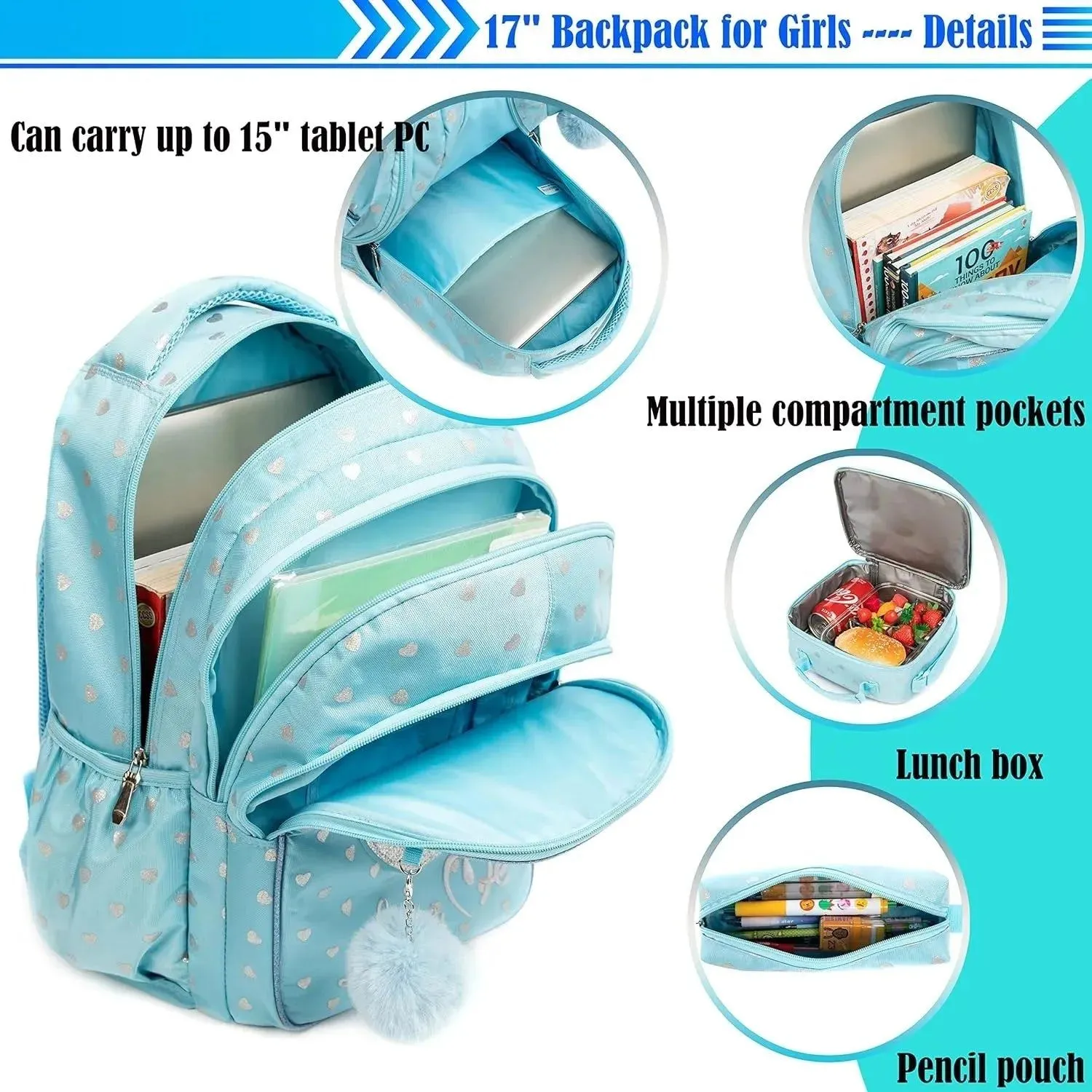 School Bags 3 in 1 Kids Bags for Girls Cute Love Kawaii School Bag Childrens School Backpack Waterproof Lunch Bag Pencil Case