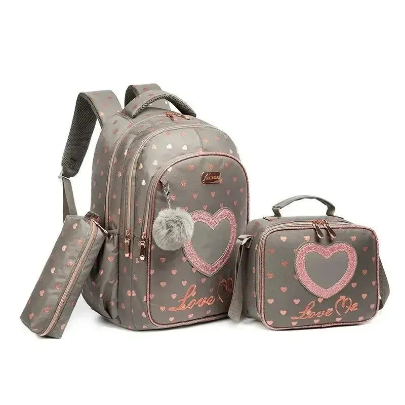School Bags 3 in 1 Kids Bags for Girls Cute Love Kawaii School Bag Childrens School Backpack Waterproof Lunch Bag Pencil Case