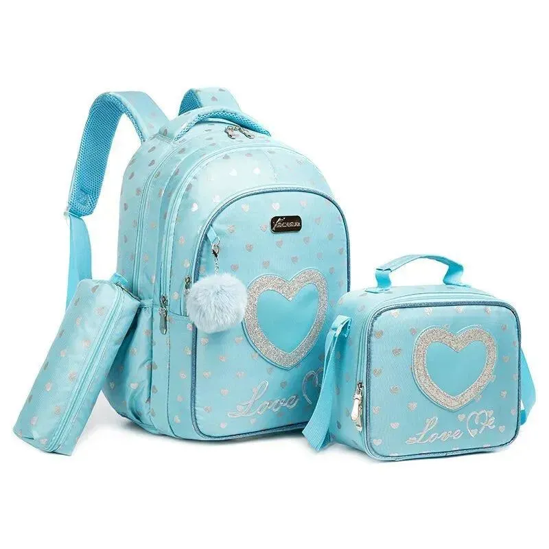 School Bags 3 in 1 Kids Bags for Girls Cute Love Kawaii School Bag Childrens School Backpack Waterproof Lunch Bag Pencil Case
