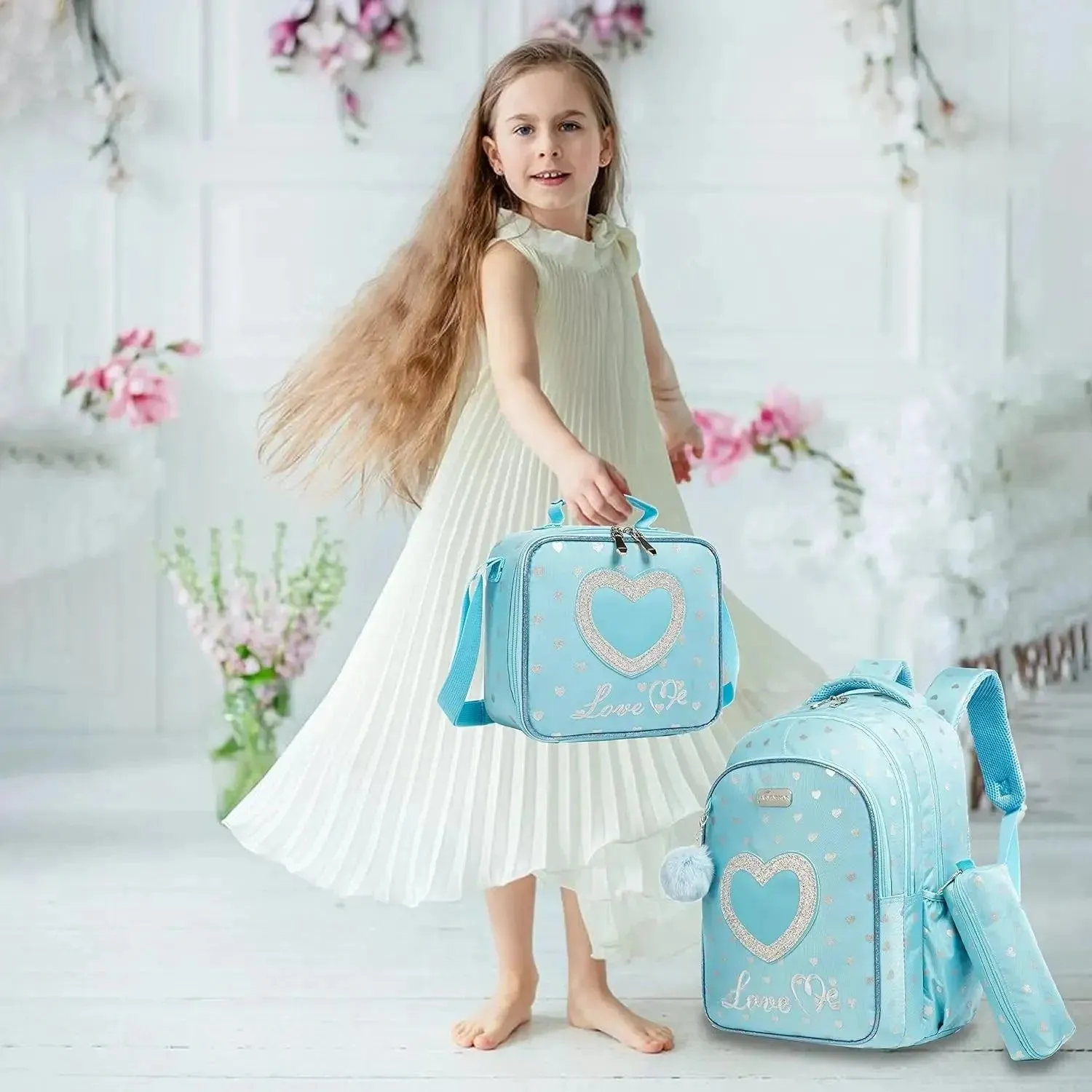 School Bags 3 in 1 Kids Bags for Girls Cute Love Kawaii School Bag Childrens School Backpack Waterproof Lunch Bag Pencil Case