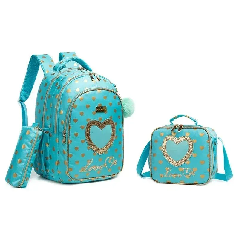 School Bags 3 in 1 Kids Bags for Girls Cute Love Kawaii School Bag Childrens School Backpack Waterproof Lunch Bag Pencil Case