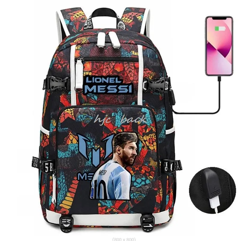 School Bags WITH Football Stars Messi Backpacks Camouflage USB Waterproof Casual Travel Laptop knapsacks Best Gift