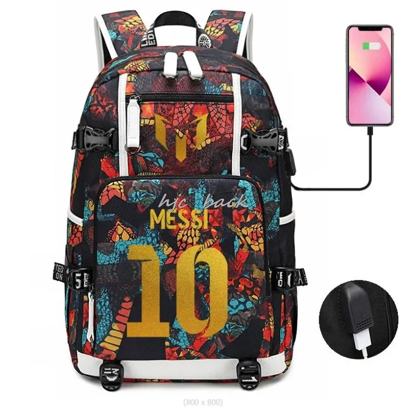 School Bags WITH Football Stars Messi Backpacks Camouflage USB Waterproof Casual Travel Laptop knapsacks Best Gift