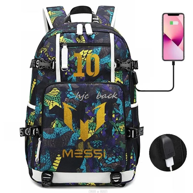 School Bags WITH Football Stars Messi Backpacks Camouflage USB Waterproof Casual Travel Laptop knapsacks Best Gift