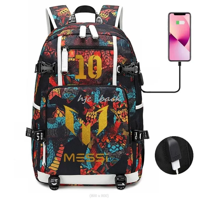 School Bags WITH Football Stars Messi Backpacks Camouflage USB Waterproof Casual Travel Laptop knapsacks Best Gift