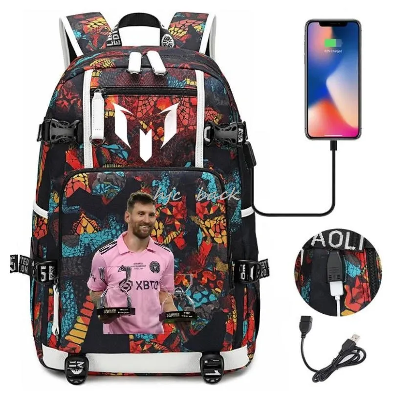 School Bags WITH Football Stars Messi Backpacks Camouflage USB Waterproof Casual Travel Laptop knapsacks Best Gift