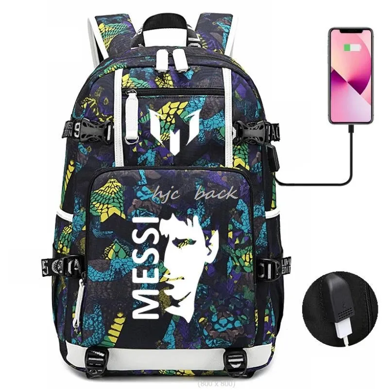 School Bags WITH Football Stars Messi Backpacks Camouflage USB Waterproof Casual Travel Laptop knapsacks Best Gift