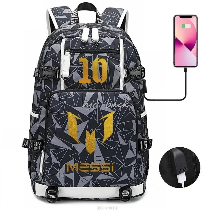 School Bags WITH Football Stars Messi Backpacks Camouflage USB Waterproof Casual Travel Laptop knapsacks Best Gift
