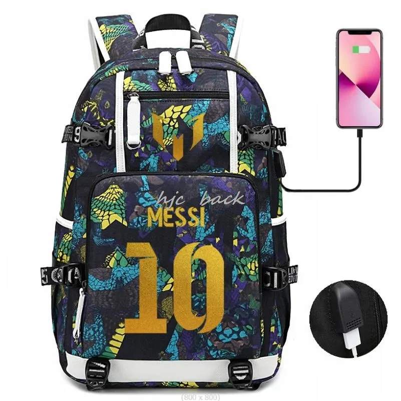 School Bags WITH Football Stars Messi Backpacks Camouflage USB Waterproof Casual Travel Laptop knapsacks Best Gift