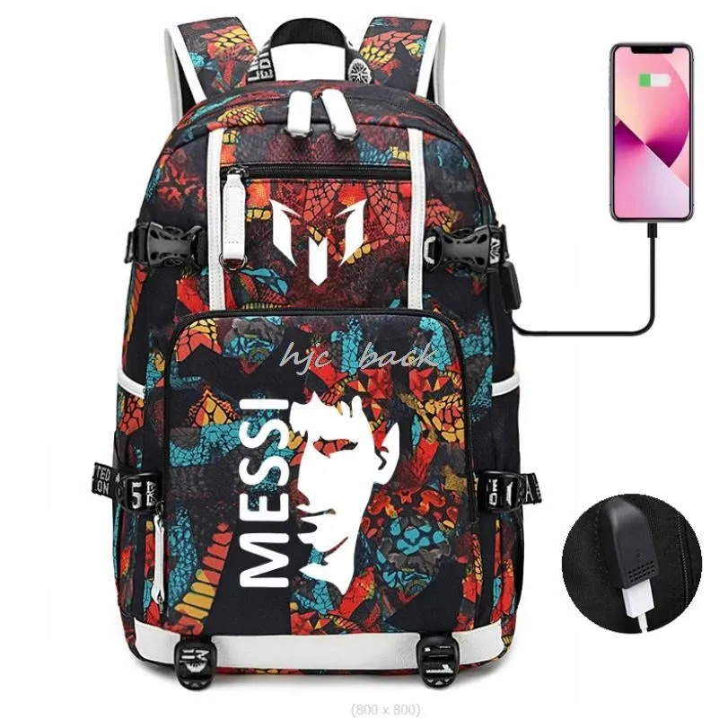 School Bags WITH Football Stars Messi Backpacks Camouflage USB Waterproof Casual Travel Laptop knapsacks Best Gift