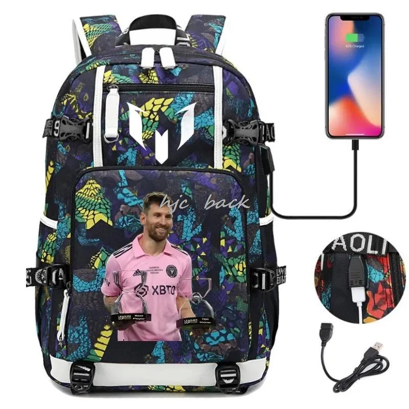 School Bags WITH Football Stars Messi Backpacks Camouflage USB Waterproof Casual Travel Laptop knapsacks Best Gift