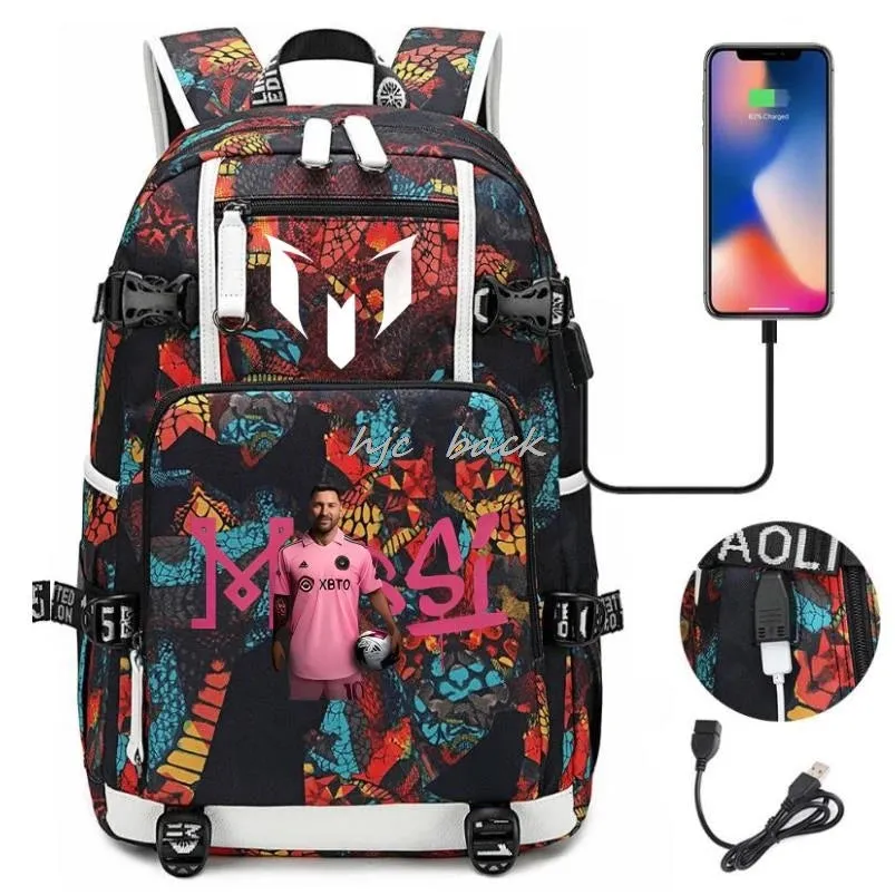 School Bags WITH Football Stars Messi Backpacks Camouflage USB Waterproof Casual Travel Laptop knapsacks Best Gift