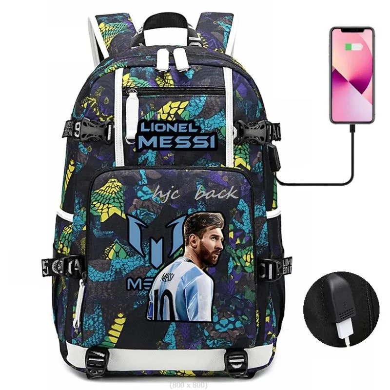 School Bags WITH Football Stars Messi Backpacks Camouflage USB Waterproof Casual Travel Laptop knapsacks Best Gift