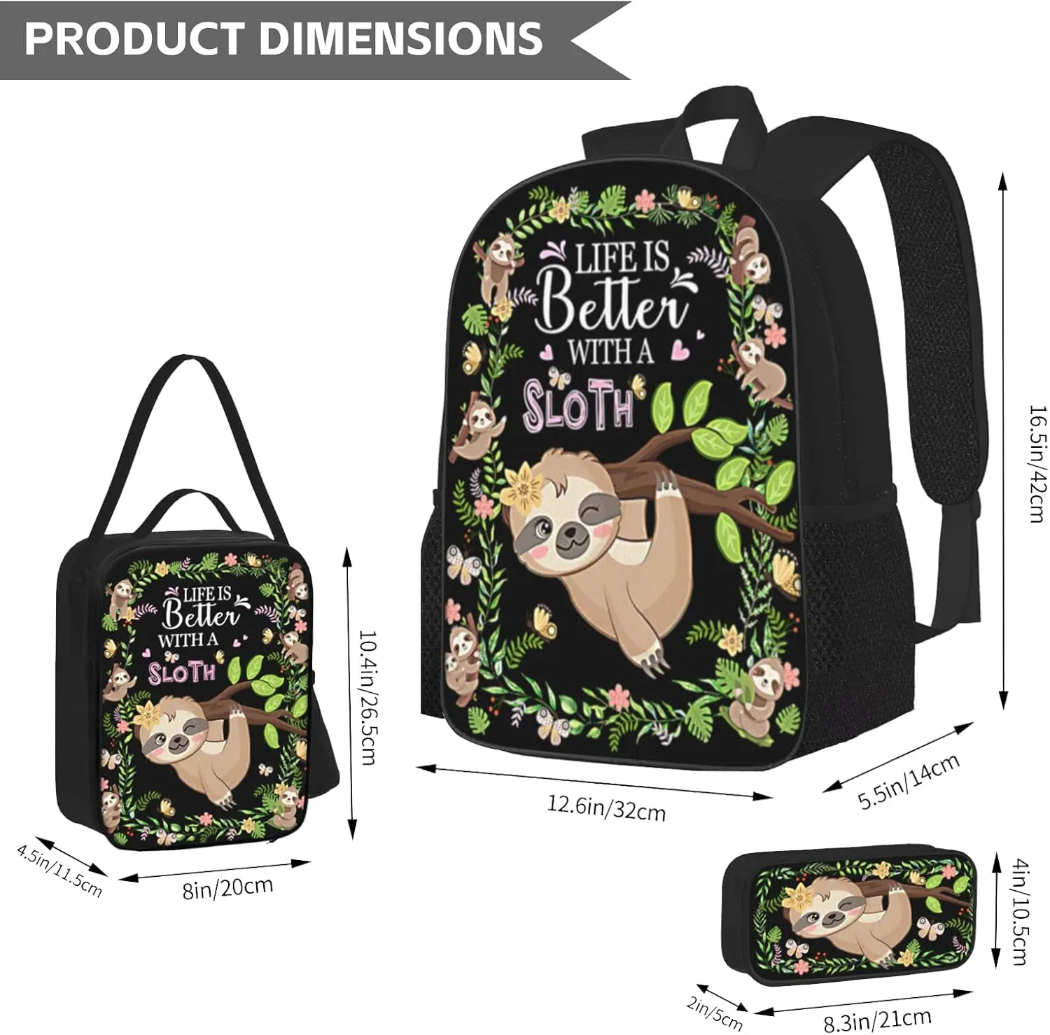 SENROLAN Sloth Backpack Set Sloth Backpacks Lunch Bag With Holder Pencil Case 3 Pieces Branch School Book Bag Travel Hiking For Girls Boys Men Women