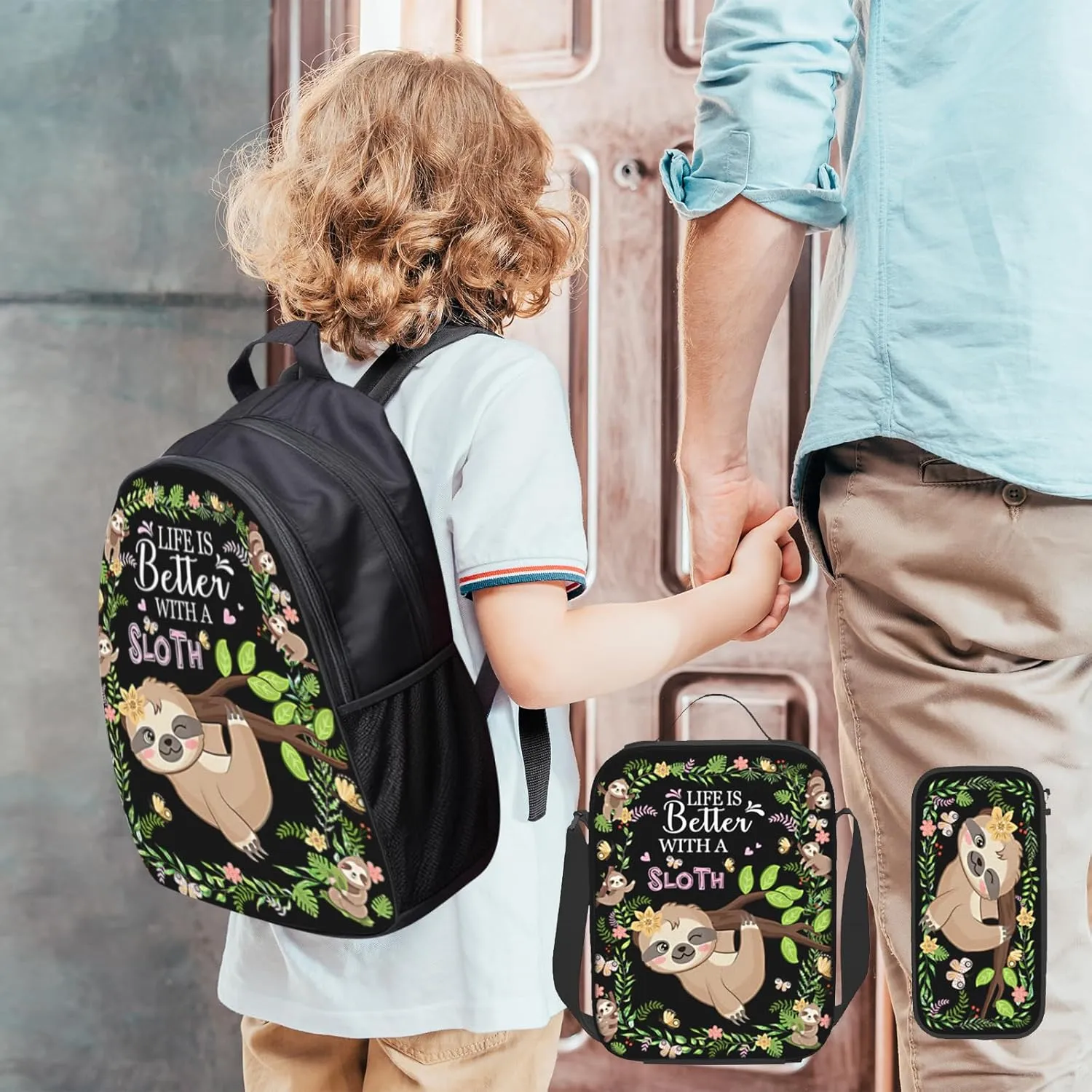 SENROLAN Sloth Backpack Set Sloth Backpacks Lunch Bag With Holder Pencil Case 3 Pieces Branch School Book Bag Travel Hiking For Girls Boys Men Women