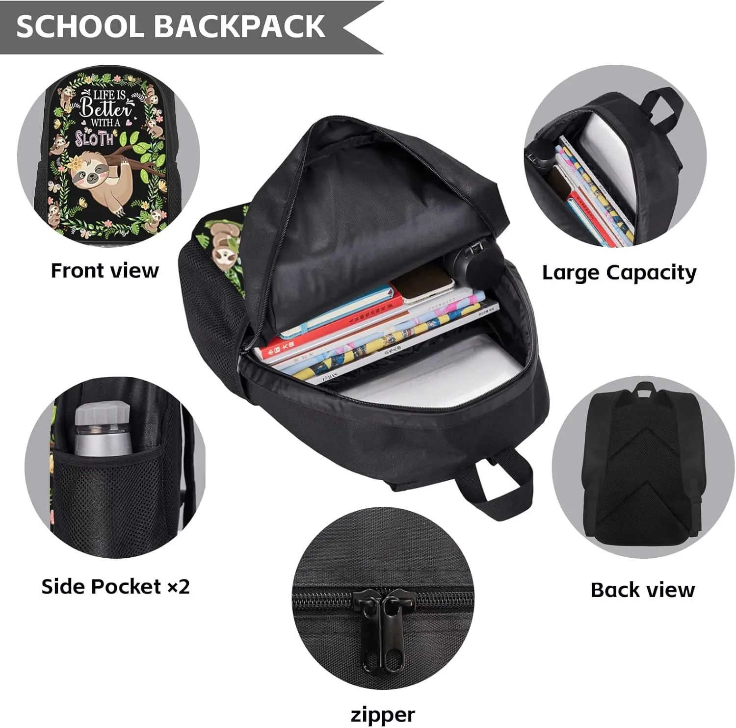 SENROLAN Sloth Backpack Set Sloth Backpacks Lunch Bag With Holder Pencil Case 3 Pieces Branch School Book Bag Travel Hiking For Girls Boys Men Women