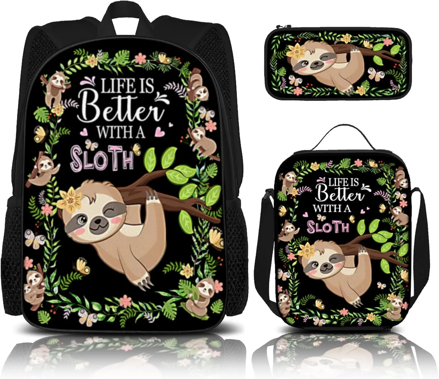 SENROLAN Sloth Backpack Set Sloth Backpacks Lunch Bag With Holder Pencil Case 3 Pieces Branch School Book Bag Travel Hiking For Girls Boys Men Women