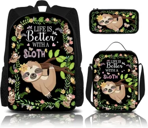SENROLAN Sloth Backpack Set Sloth Backpacks Lunch Bag With Holder Pencil Case 3 Pieces Branch School Book Bag Travel Hiking For Girls Boys Men Women