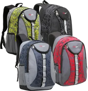 Set of 20 School Sports Backpacks in Assorted Black, Red, Green, and Navy Blue Colors, 18 Inch Student Bookbag or Travel Backpack Wholesale Bulk Case