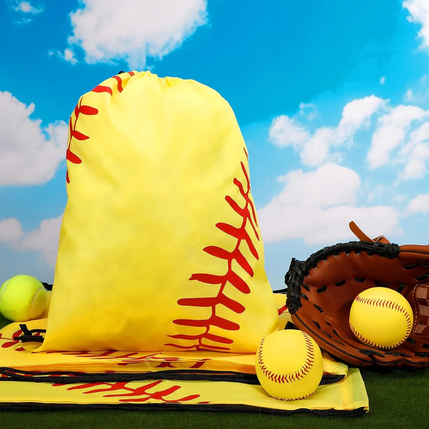 Shappy 12 Pieces Drawstring Bags Bulk Small Sport Goodie Bags Snack Treat Backpack for Ball Birthday Party Favor Team Gifts(Softball,10 x 12 Inch)