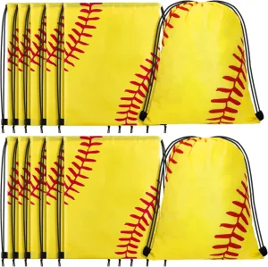Shappy 12 Pieces Drawstring Bags Bulk Small Sport Goodie Bags Snack Treat Backpack for Ball Birthday Party Favor Team Gifts(Softball,10 x 12 Inch)