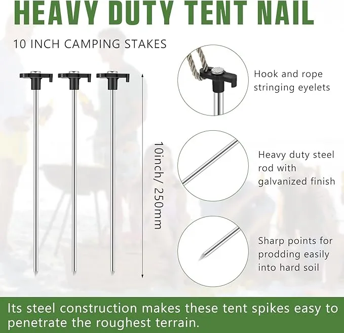 Shimeyao 10 Inch Tent Stakes Heavy Duty Camping Stakes Bulk Galvanized Non Rust Tent Pegs Metal Camping Spikes for Outdoor Camping Pitching Canopy