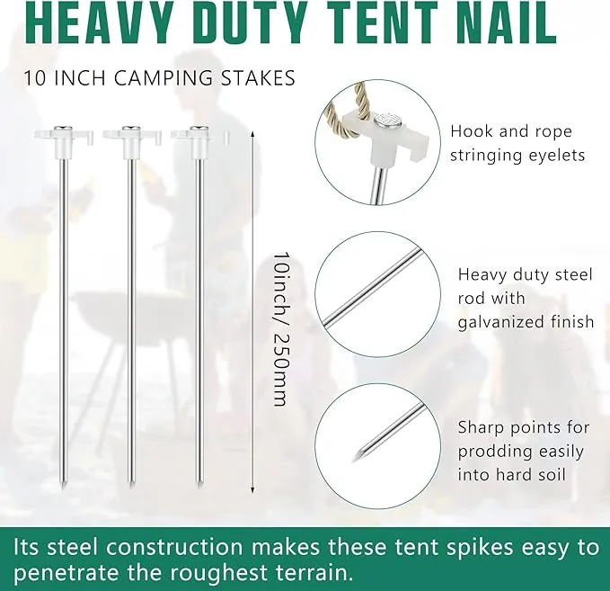 Shimeyao 10 Inch Tent Stakes Heavy Duty Camping Stakes Bulk Galvanized Non Rust Tent Pegs Metal Camping Spikes for Outdoor Camping Pitching Canopy