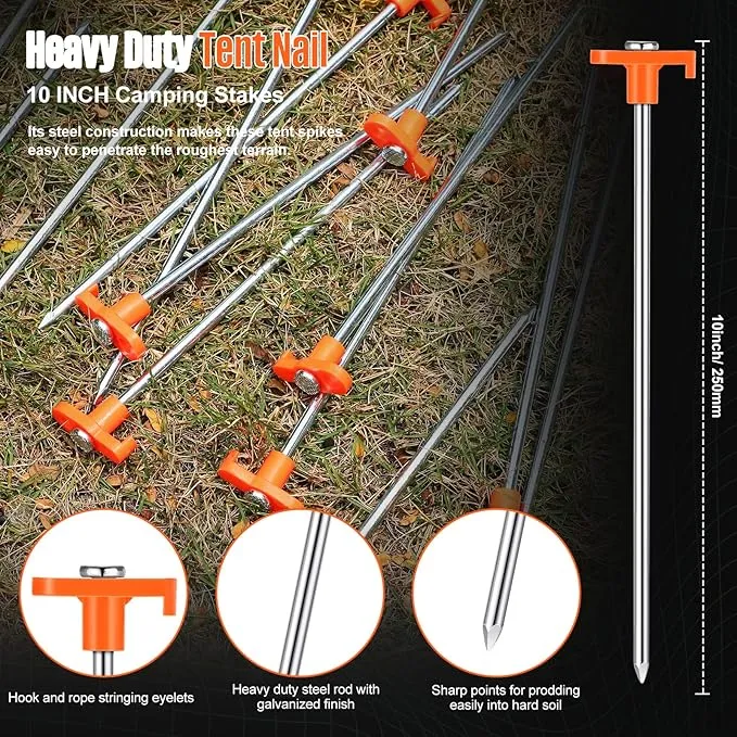 Shimeyao 10 Inch Tent Stakes Heavy Duty Camping Stakes Bulk Galvanized Non Rust Tent Pegs Metal Camping Spikes for Outdoor Camping Pitching Canopy