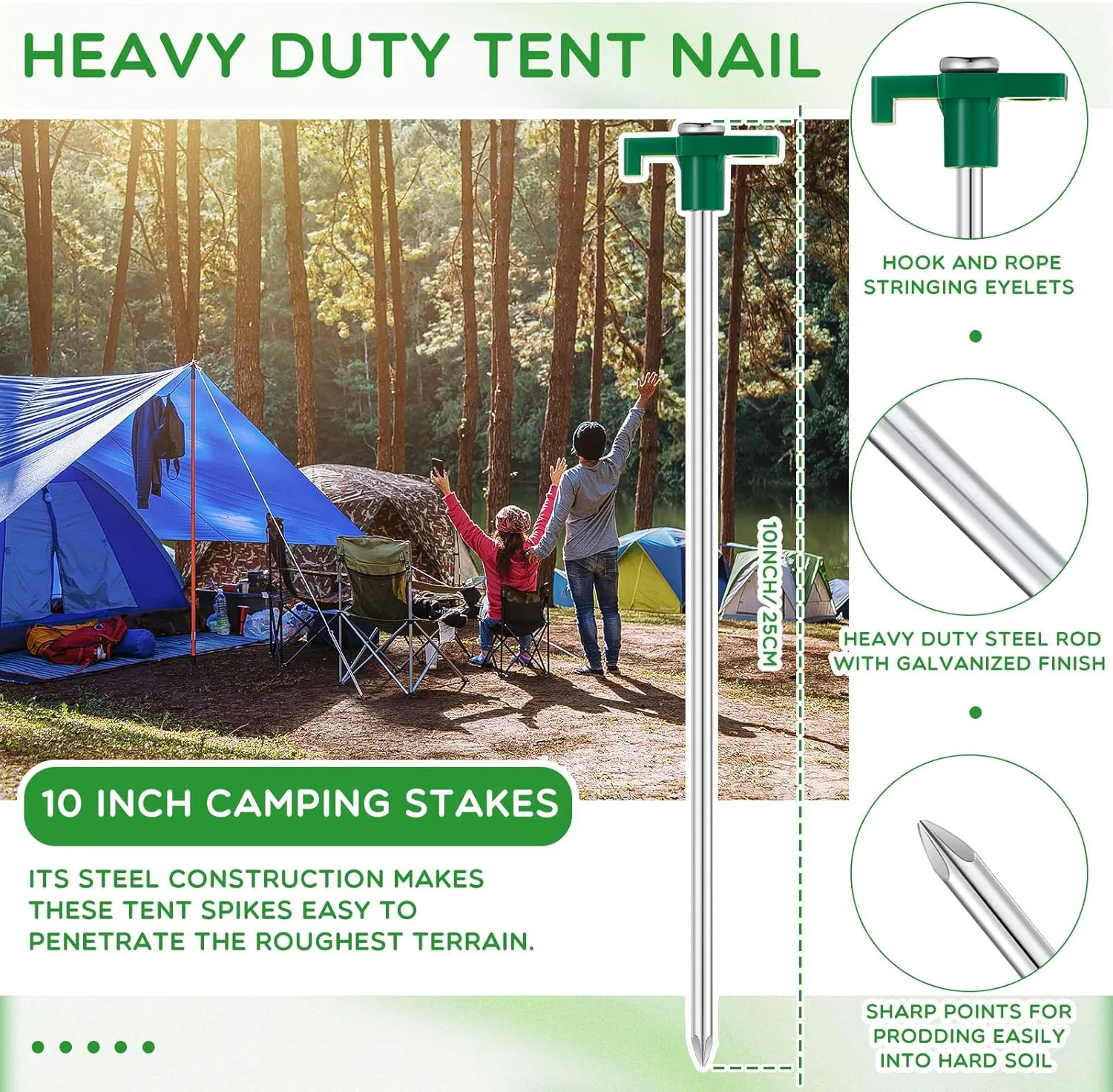 Shimeyao 10" Tent Stakes Camping Heavy Duty Stakes Bulk Metal Ground Pegs Camping Spikes Galvanized for Outdoor Pitching Canopy