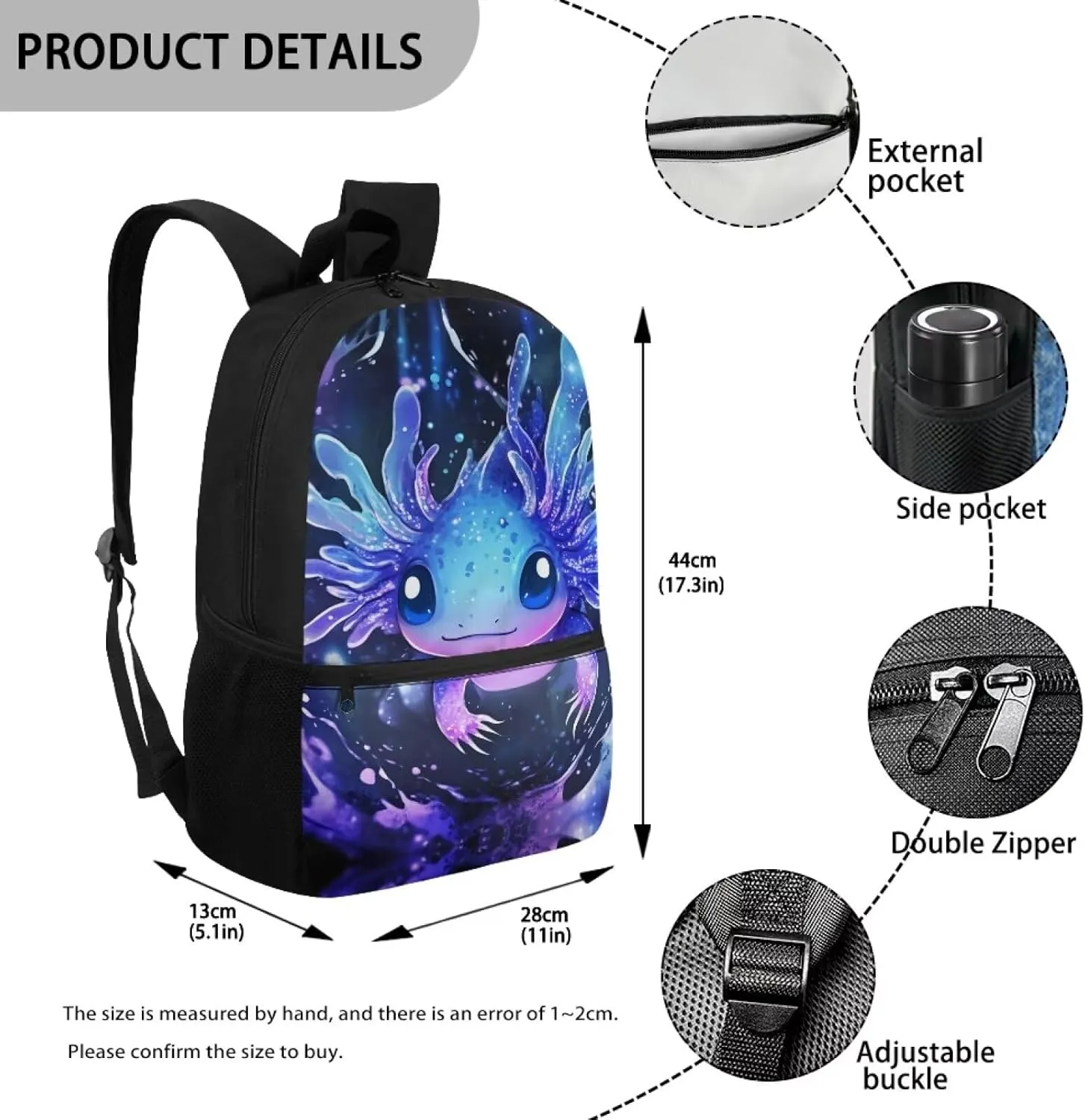 Showudesigns Axolotl School Bags for Girls 7-10 10-12 Kids Backpack Elementary School Book Bag with Water Bottle Holder Middle High Back Packs Daypack Cute Schoolbag Back To School Supplies