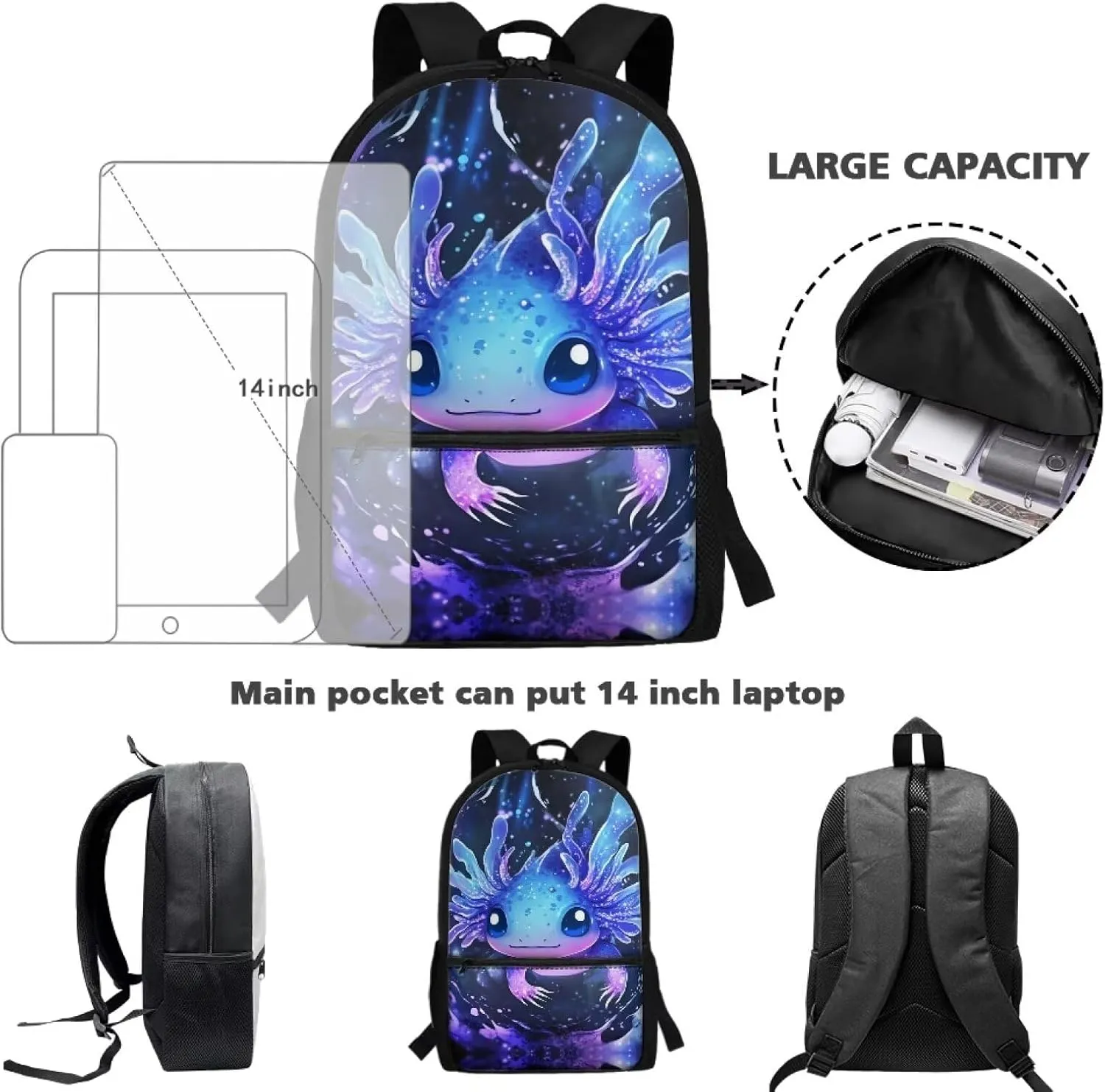 Showudesigns Axolotl School Bags for Girls 7-10 10-12 Kids Backpack Elementary School Book Bag with Water Bottle Holder Middle High Back Packs Daypack Cute Schoolbag Back To School Supplies