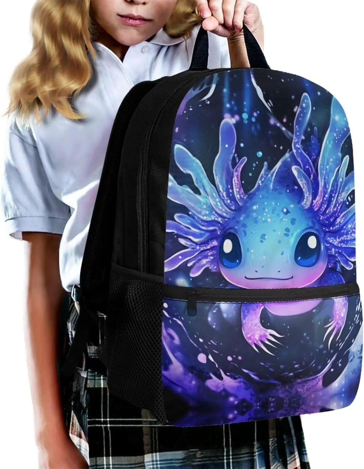 Showudesigns Axolotl School Bags for Girls 7-10 10-12 Kids Backpack Elementary School Book Bag with Water Bottle Holder Middle High Back Packs Daypack Cute Schoolbag Back To School Supplies