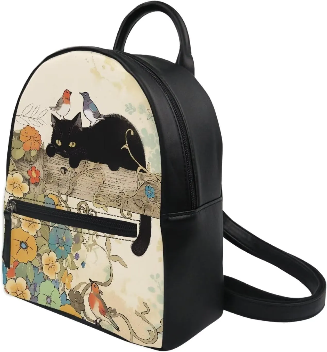 Showudesigns Black Cat Backpack Purse for Women Mini Backpack Water-Resistant Small Backpacks Shoulder Bag for School Travel Mini Casual Daypack Flower Bird Zipper Tote Bags