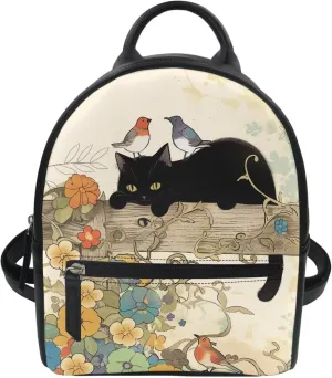 Showudesigns Black Cat Backpack Purse for Women Mini Backpack Water-Resistant Small Backpacks Shoulder Bag for School Travel Mini Casual Daypack Flower Bird Zipper Tote Bags