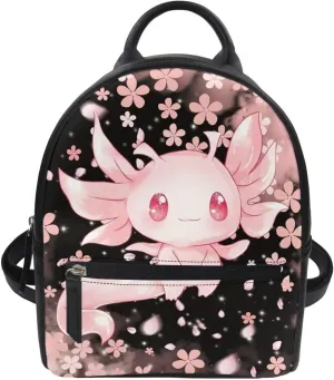 Showudesigns Cute Axolotl Backpacks Cherry Blossom Mini Backpack Purse for Women Teen Girls College School Travel Shoulder Bag Small Backpack Mini Purse Casual Rucksack Cute Back Pack Daypack