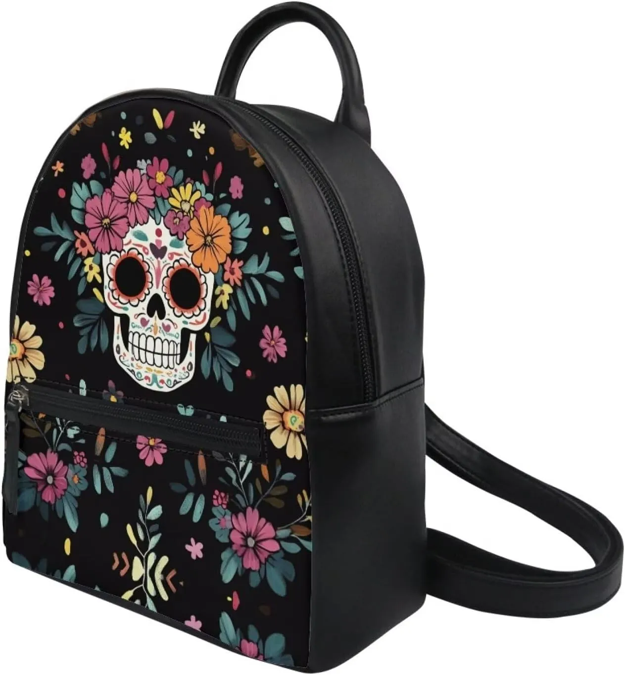 Showudesigns Floral Skull Backpack for Women Teenager Purse Mini Pu Leather Backpacks Small Shoulder Bag Casual Daypack Handbag Travel Business Tote Bags Skeleton