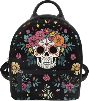 Showudesigns Floral Skull Backpack for Women Teenager Purse Mini Pu Leather Backpacks Small Shoulder Bag Casual Daypack Handbag Travel Business Tote Bags Skeleton