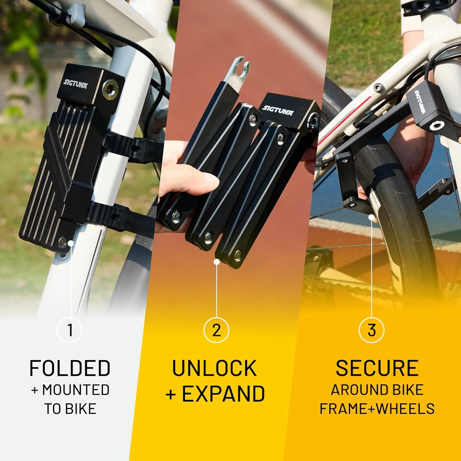 SIGTUNA Folding Bike Lock - Hardened Steel 8mm Fold-Up Heavy Duty Bike Lock with Easy Mounting, Secure Lock and Anti-Scratch Coating - Easily Keep Bike Secure and Paintwork Undamaged - Bicycle Lock