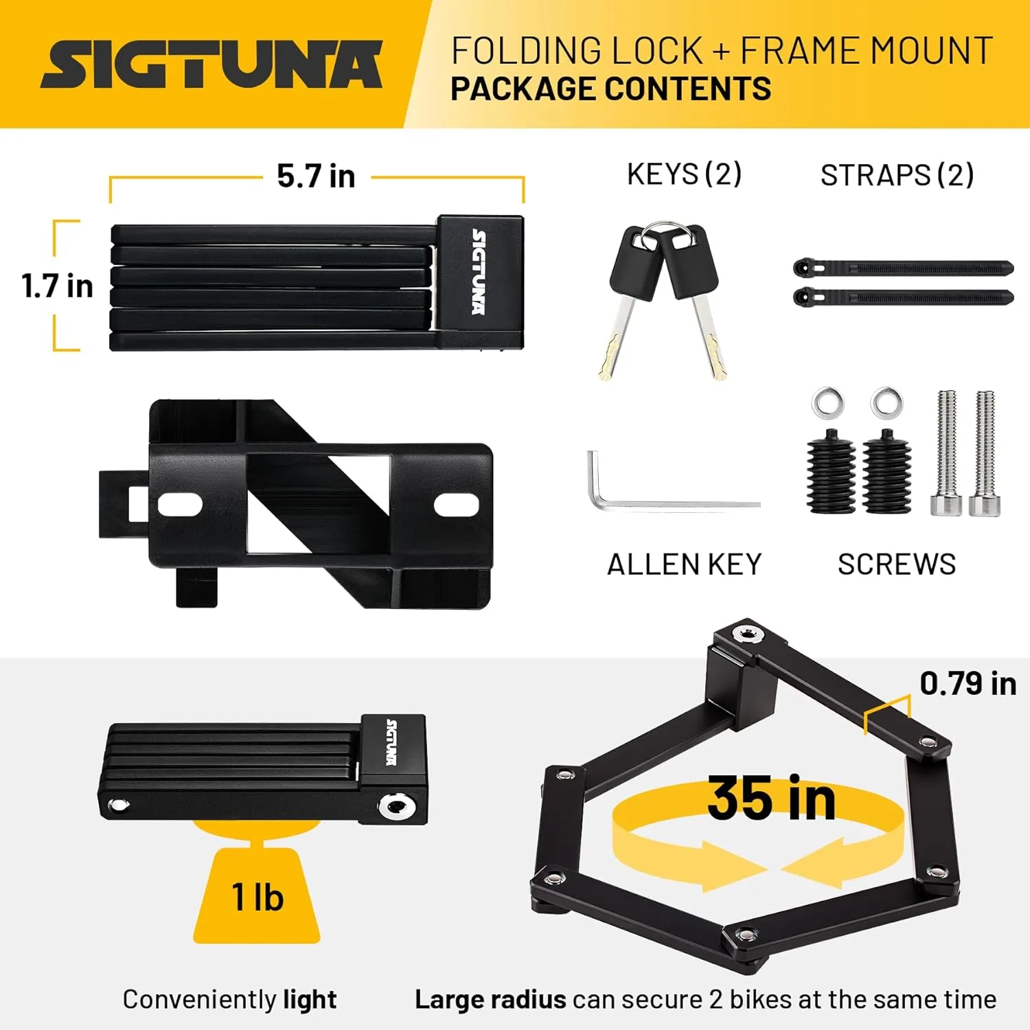 SIGTUNA Folding Bike Lock - Hardened Steel 8mm Fold-Up Heavy Duty Bike Lock with Easy Mounting, Secure Lock and Anti-Scratch Coating - Easily Keep Bike Secure and Paintwork Undamaged - Bicycle Lock