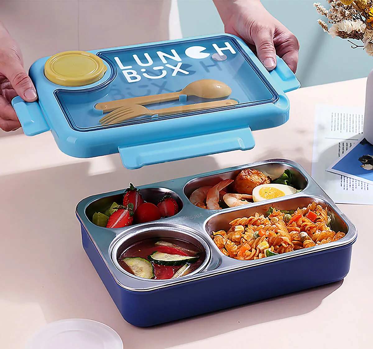 SLATOINDIA 4 Compartment with Curry Bowl Big 1100 ML Stainless Steel Insulated Lunch Box (Random colors)
