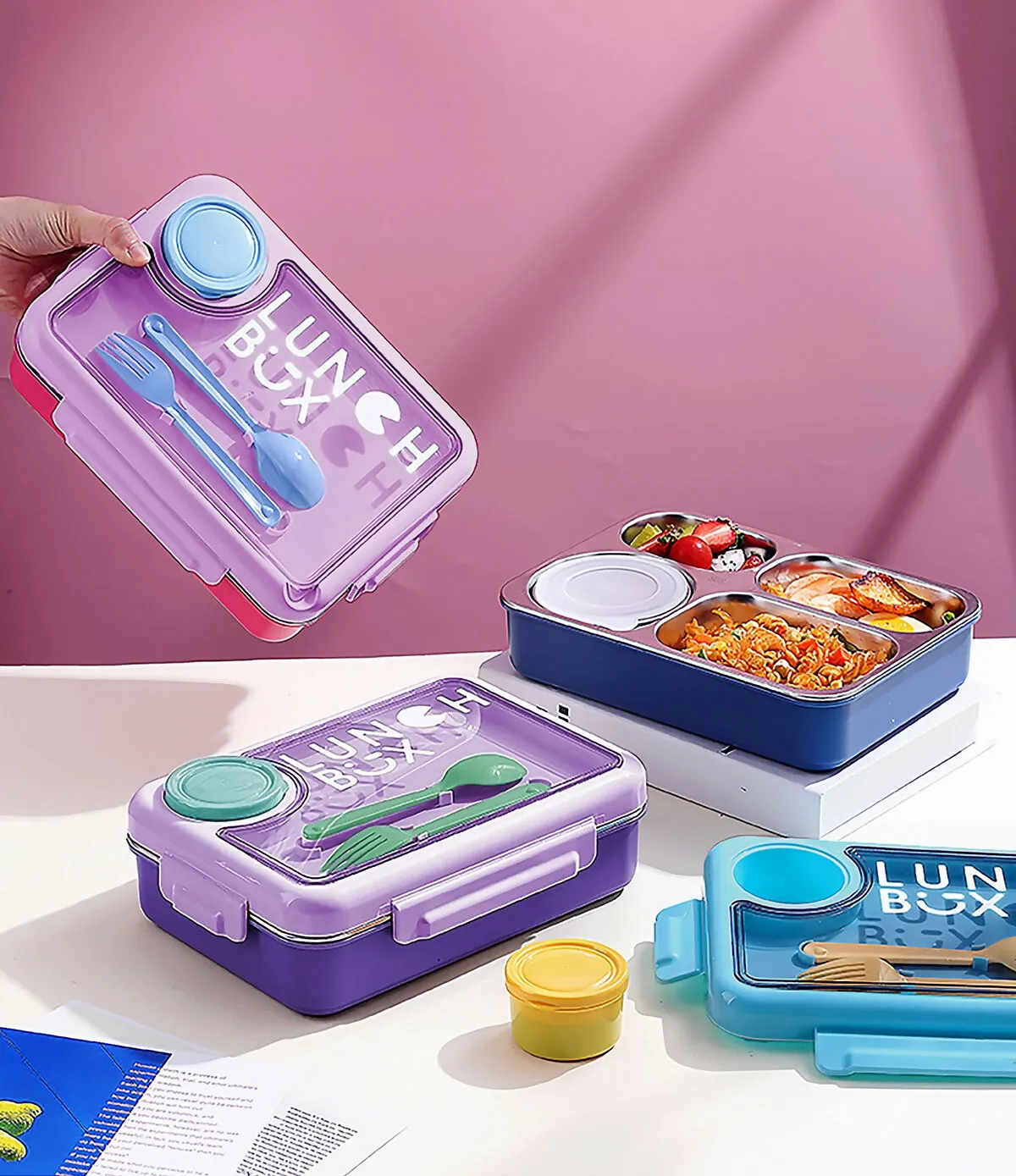 SLATOINDIA 4 Compartment with Curry Bowl Big 1100 ML Stainless Steel Insulated Lunch Box (Random colors)