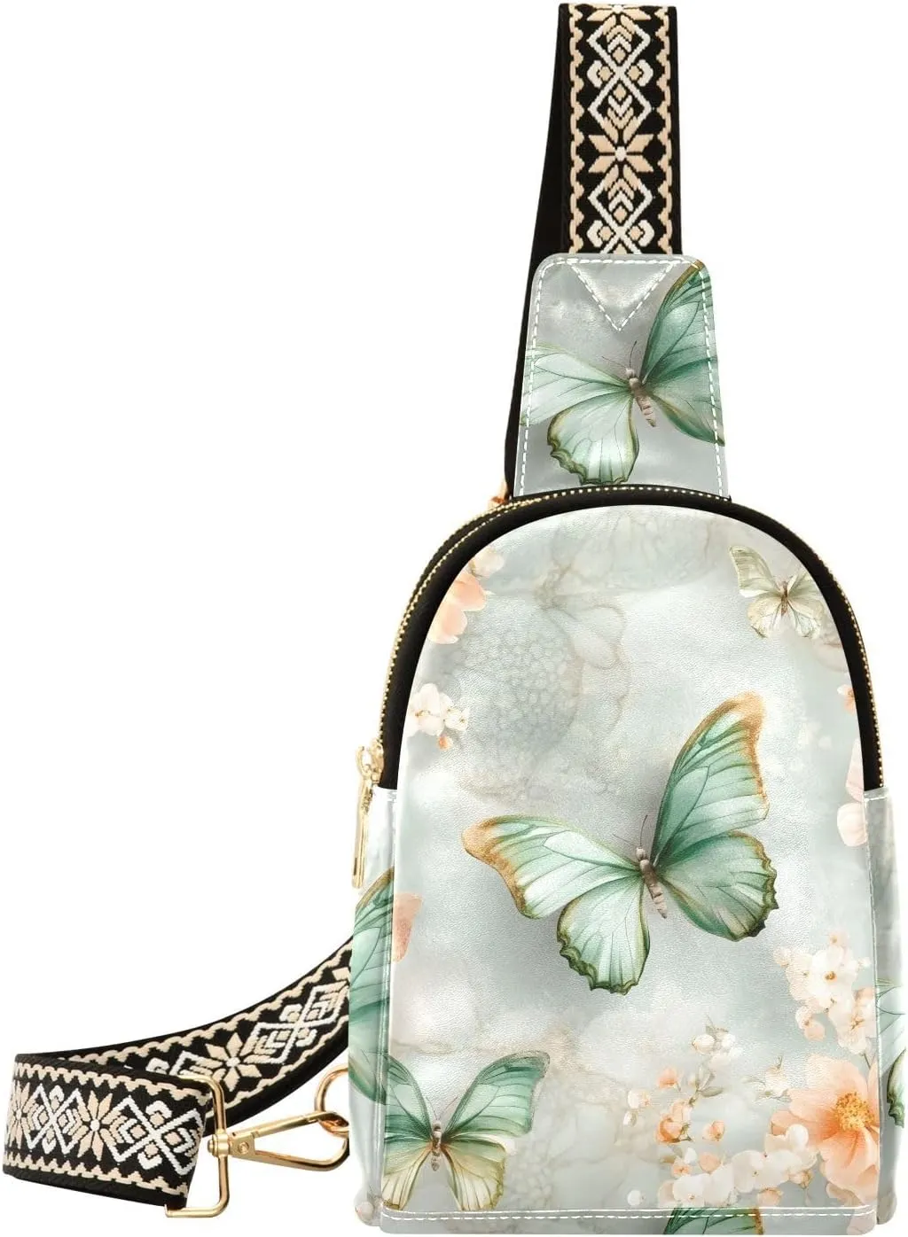 Sling Bag for Women Green Butterfly Flesh-colored Flower Pattern Waterproof Leather Crossbody Bags Trendy Casual Pack Shoulder Strap Chest Bag for Travel Hiking